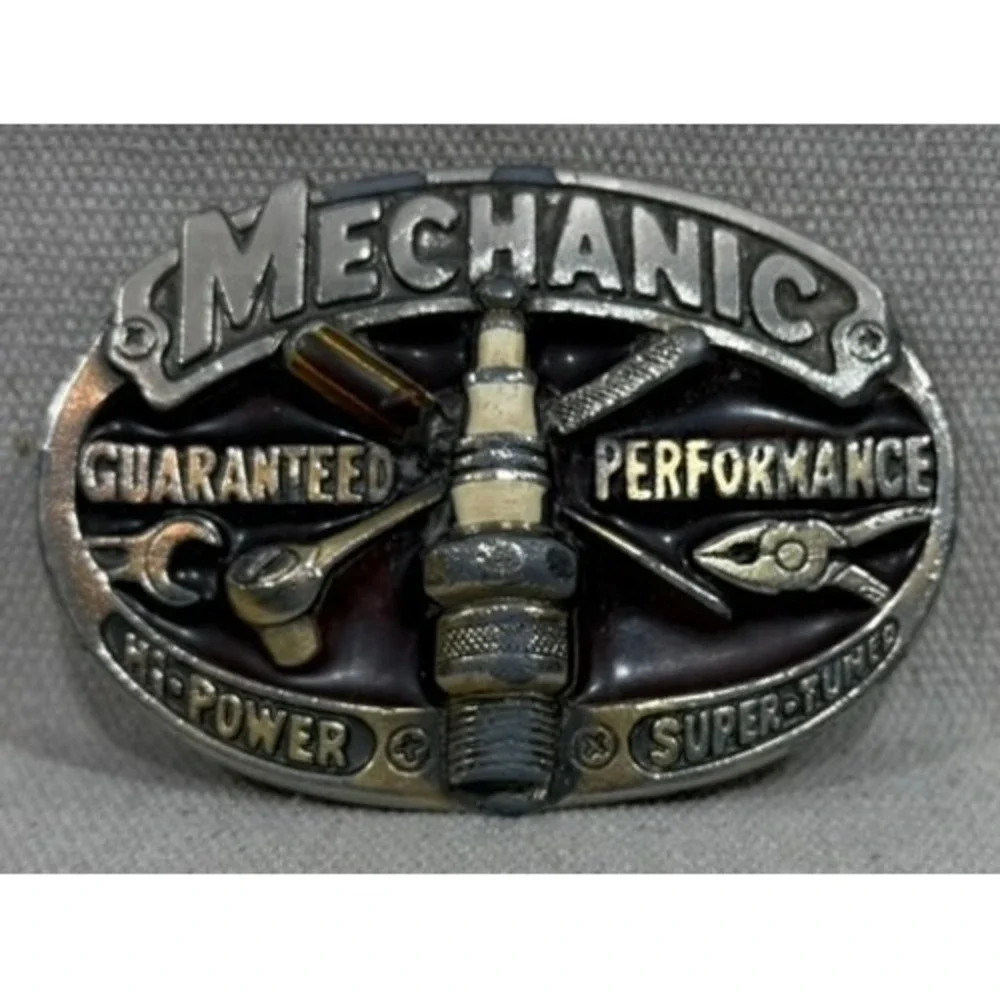 Vintage 1982 Mechanic Belt Buckle Spark Plug Tools Made in USA Pewter Tone 1353